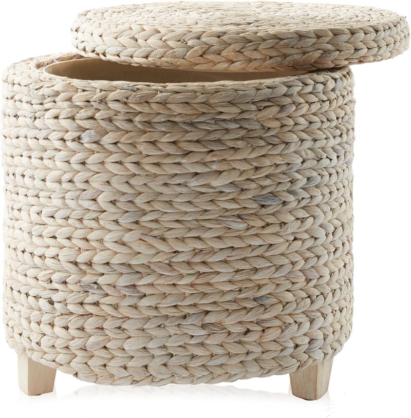 Casafield 17" Round Storage Ottoman with Lid - Whitewash, Handwoven Water Hyacinth Footstool for Living Room, Bedroom, Bathroom, Home Office - Image 5